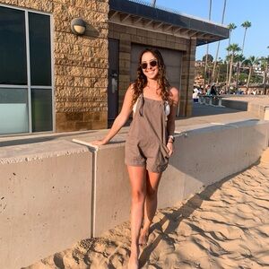 12th Tribe Taupe Tie-Strap Romper with Pockets